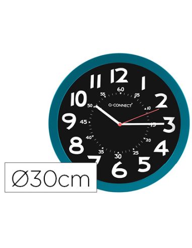 Reloj Q-Connect De Pared Plastico Oficina Redondo 30 Cm Color Azul Y Esfera Color Negro