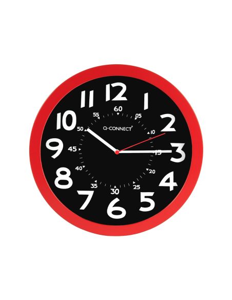 Reloj Q-Connect De Pared Plastico Oficina Redondo 30 Cm Color Rojo Y Esfera Color Negro