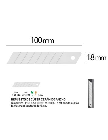 Repuesto Cuter Q-Connect Ancho Para Modelos Kf17106/Kf14387 Cuchilla Ceramica 18 Mm Blister 5 Unidades