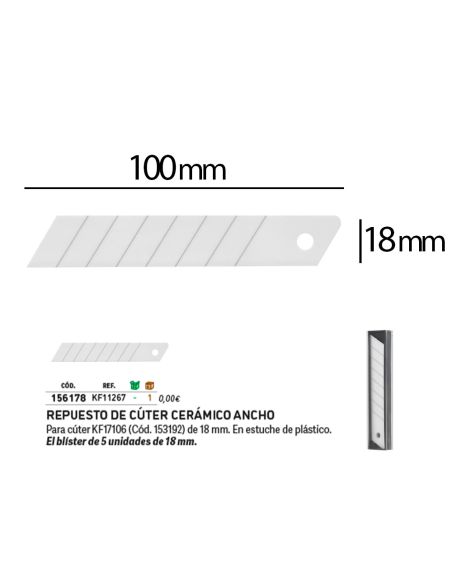 Repuesto Cuter Q-Connect Ancho Para Modelos Kf17106/Kf14387 Cuchilla Ceramica 18 Mm Blister 5 Unidades