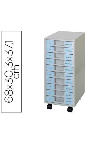 Archivador Metalico Clen 10 Bandejas Plastico De 5,5 Cm De Altura Con Ruedas Color Gris Claro 680X303X371 Mm