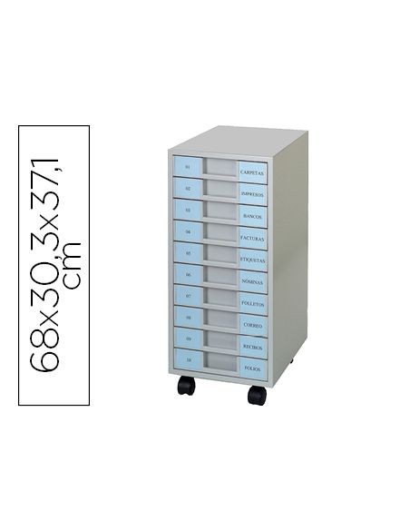 Archivador Metalico Clen 10 Bandejas Plastico De 5,5 Cm De Altura Con Ruedas Color Gris Claro 680X303X371 Mm