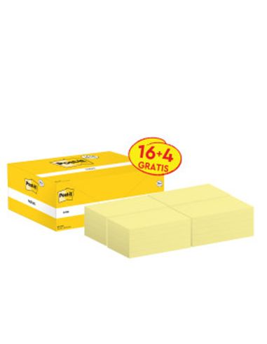 Bloc De Notas Adhesivas Quita Y Pon Post-It Amarillo Canario 76X127 Mm Pack Promocional 16+4 Gratis