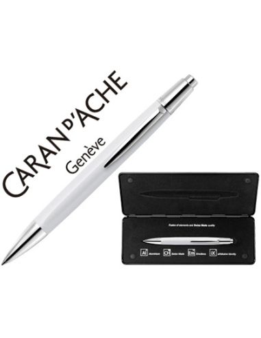Boligrafo Caran D'Ache Alchemix Cuerpo Laca Blanca Adornos Cromados Brillante Con Estuche Punta Media