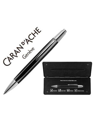 Boligrafo Caran D'Ache Alchemix Cuerpo Laca Negra Adornos Cromados Brillante Con Estuche Punta Media