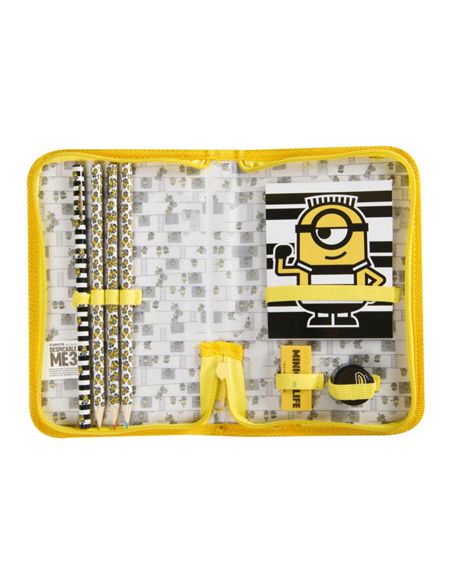 Bolso Portatodo Con Cremallera Minions Con Libreta Goma Sacapuntas Y Lapices Colores