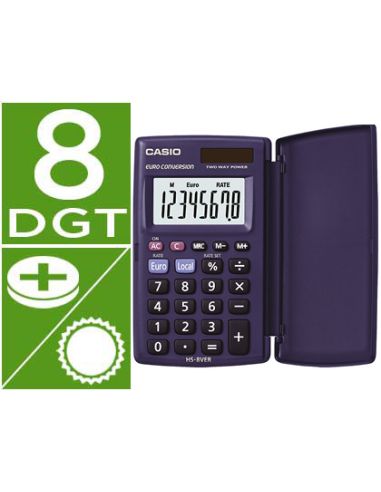 Calculadora Casio Hs-8Ver Bolsillo 8 Digitos Conversion Moneda Con Tapa Color Azul