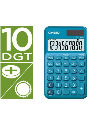 Calculadora Casio Sl-310Uc-Bu Bolsillo 10 Digitos Tax +/- Tecla Color Azul