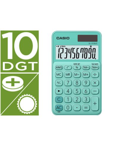 Calculadora Casio Sl-310Uc-Gn Bolsillo 10 Digitos Tax +/- Tecla Color Verde