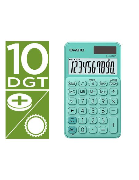 Calculadora Casio Sl-310Uc-Gn Bolsillo 10 Digitos Tax +/- Tecla Color Verde