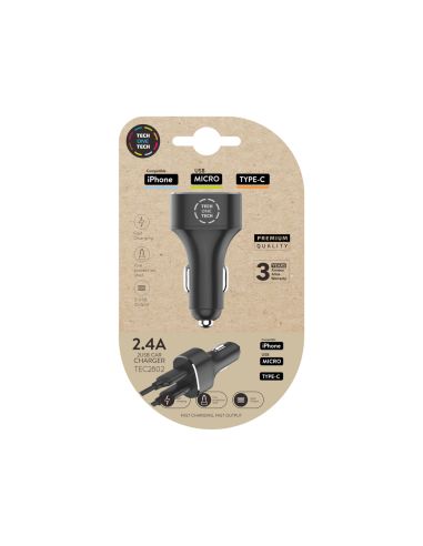 Cargador Tech One Tech 2.4 Coche Mechero Doble Para Iphone / Usb Micro / Type-C Color Negro