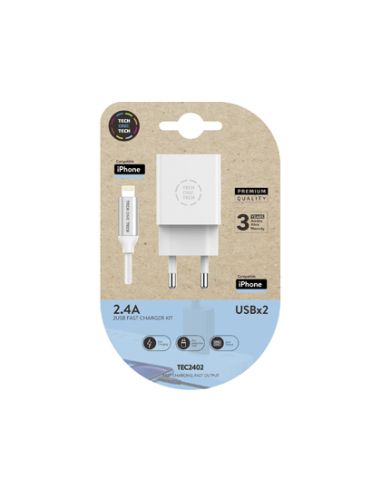 Cargador Doble Blanco+Cable Braided Nylon Lightning (Para Apple), Alto Rendimiento2,4ª