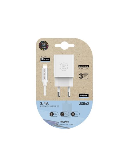 Cargador Doble Blanco+Cable Braided Nylon Lightning (Para Apple), Alto Rendimiento2,4ª