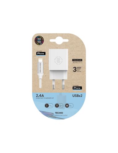 Cargador Doble Blanco+Cable Braided Nylon Lightning (Para Apple), Alto Rendimiento2,4ª