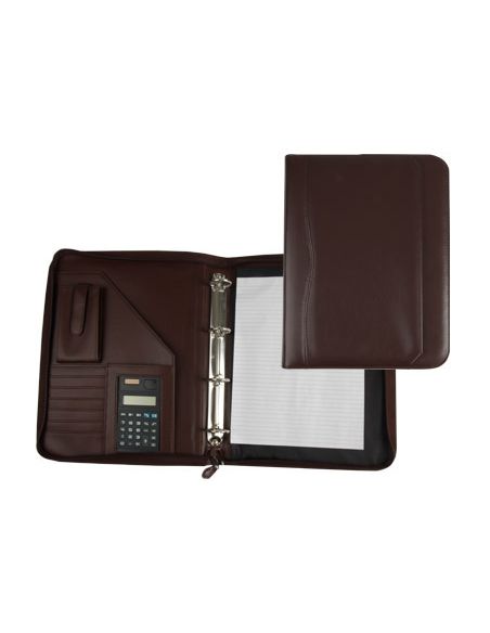 Carpeta Portafolios Q-Connect Cremallera 4 Anillas 20 Mm Concalculadora Con Bolsa Para Movil Color Marron 260X355 Mm