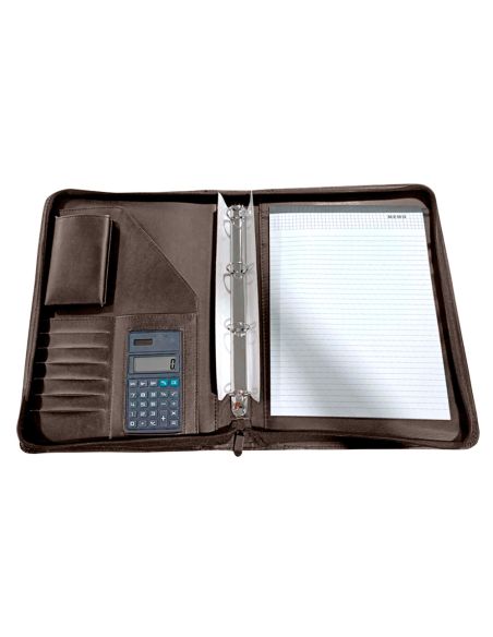 Carpeta Portafolios Q-Connect Cremallera 4 Anillas 20 Mm Concalculadora Con Bolsa Para Movil Color Marron 260X355 Mm