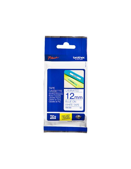 Cinta Brother Tze233 Blanco-Azul 12Mm Longitud 8 Mt