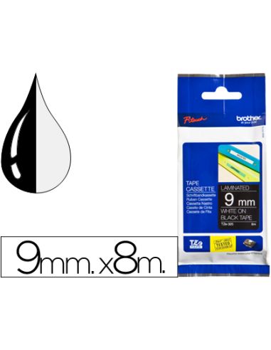 Cinta Brother Tze325 Negro-Blanco 9Mm Longitud 8Mt