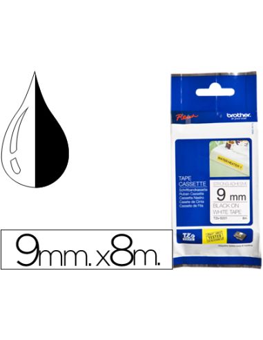 Cinta Brother Tze-S221 Blanco-Negro 9Mm Longitud 8 Mt Superadhesiva