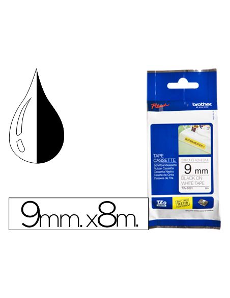 Cinta Brother Tze-S221 Blanco-Negro 9Mm Longitud 8 Mt Superadhesiva