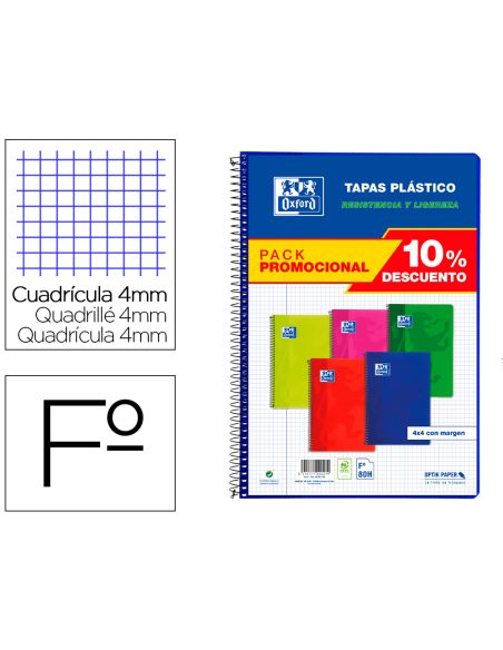 Cuaderno espiral oxford tapa plastico folio 80 hojas cuadro 4 mm colores vivos