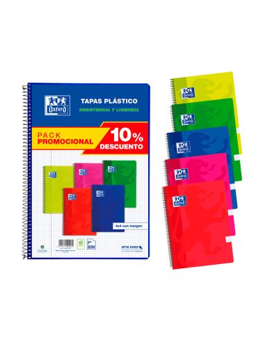 Cuaderno espiral oxford tapa plastico folio 80 hojas cuadro 4 mm colores vivos