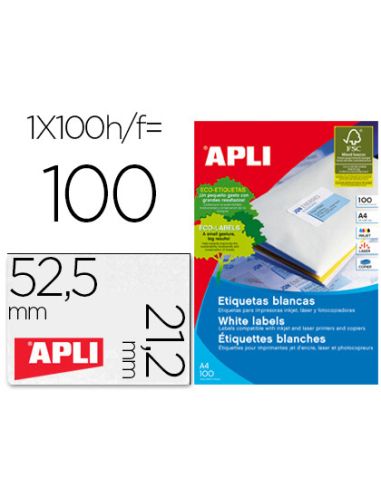 Etiqueta Adhesiva Apli 1284 Tamaño 52,5 X 21,2 Mm Para Fotocopiadora Laser Ink-Jet Caja Con 100 Hojas Din A4