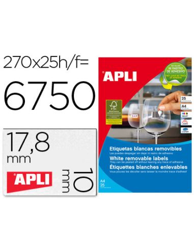 Etiqueta Adhesivas Apli 10197 Tamaño 17,8X10 Mm Removible Para Fotocopiadora Laser Ink-Jet Caja 25 Hojas Con