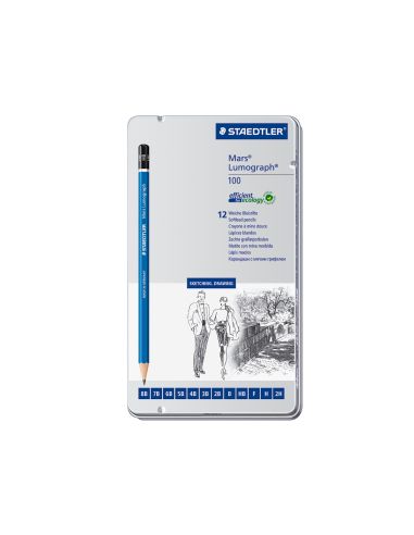 Lapices De Grafito Staedtler Mars Lumograph 100 Caja Metalica De 12 Lapices 8B- 7B-6B-5B-4B-3B-2B-B-Hb-F-H-2H