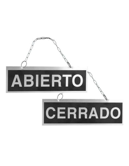 Letrero De Aluminio Serigrafiado Abierto Y Cerrado Con Cadena Y Ventosa Para Colgar 232X74 Mm