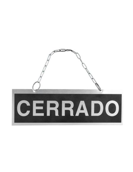 Letrero De Aluminio Serigrafiado Abierto Y Cerrado Con Cadena Y Ventosa Para Colgar 232X74 Mm