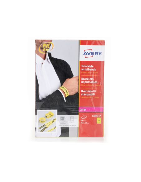 Pulsera Identificativa Avery Polietileno Amarillo Fluorescente Imprimible Laser 265X18 Mm Pack De 50 Unidades