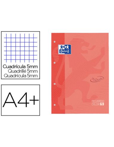 Recambio Color 1 Oxford Din A4+ 80 Hojas 90 Gr Cuadricula 5 Mm Tapa Blanda 4 Taladros Coral Touch