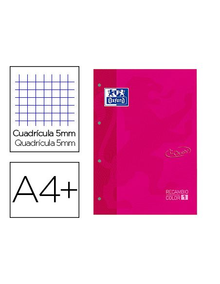 Recambio Color 1 Oxford Din A4+ 80 Hojas 90 Gr Cuadricula 5 Mm Tapa Blanda 4 Taladros Fucsia Touch