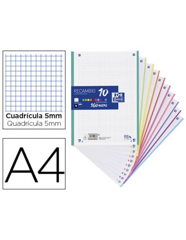 Recambio Color Oxford A4 160 Hojas Optik Paper+ Cuadro 5 Mm 4 Taladros Banda 10 Colores