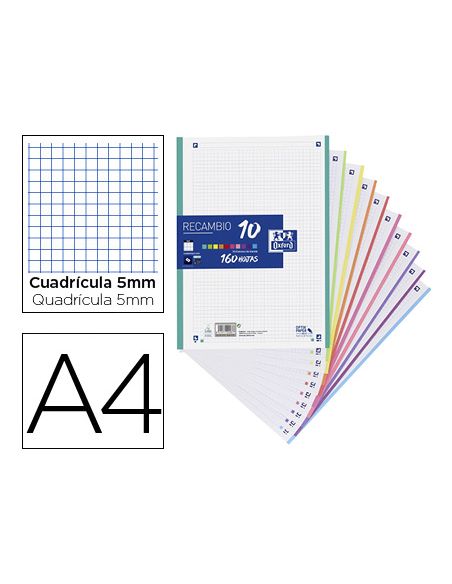 Recambio Color Oxford A4 160 Hojas Optik Paper+ Cuadro 5 Mm 4 Taladros Banda 10 Colores
