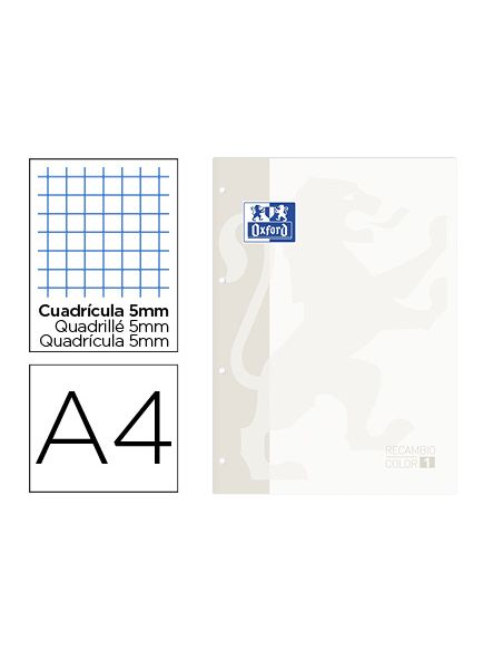 Recambio Color Oxford Din A4 80 Hojas Cuadro 5 Mm 4 Taladros Blanco