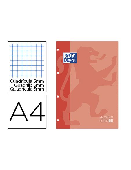 Recambio Color Oxford Din A4 80 Hojas Cuadro 5 Mm 4 Taladros Melocoton