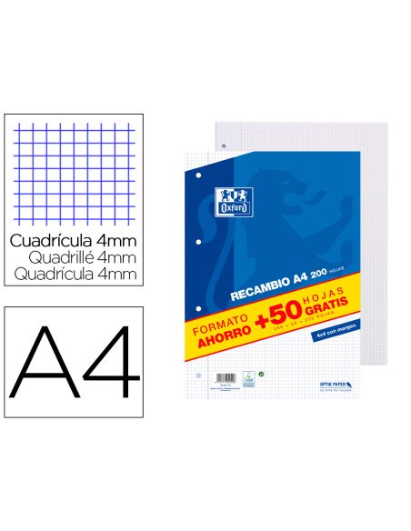 Recambio Oxford A4 200 + 50 Hojas Gratis Cuadro 4 Mm Con Margen