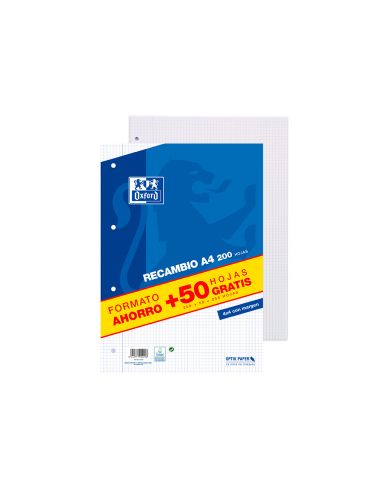 Recambio Oxford A4 200 + 50 Hojas Gratis Cuadro 4 Mm Con Margen