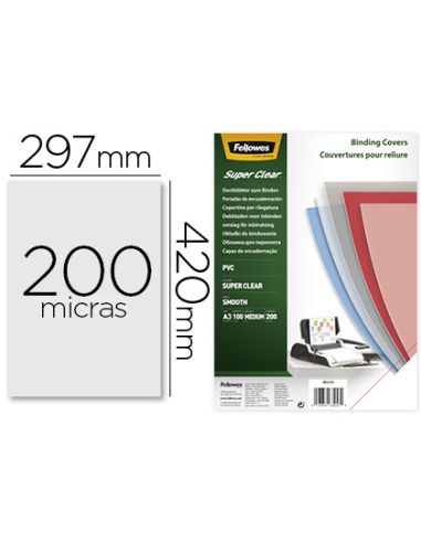 Tapa De Encuadernacion Fellowes Din A3 Pvc Transparente Cristal 200 Micras Pack De 100 Unidades
