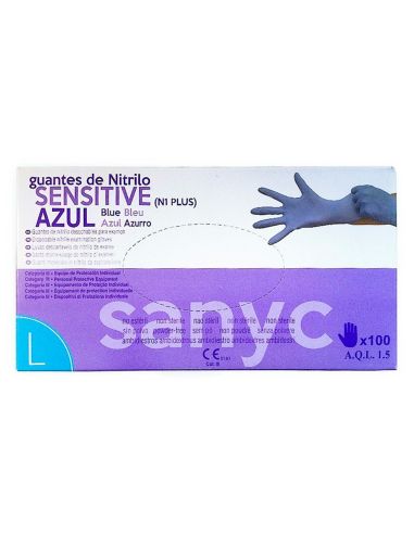 Guantes De Nitrilo Desechable Sensitive Sin Polvo Talla L Grande Color Azul Caja De 100 Unidades