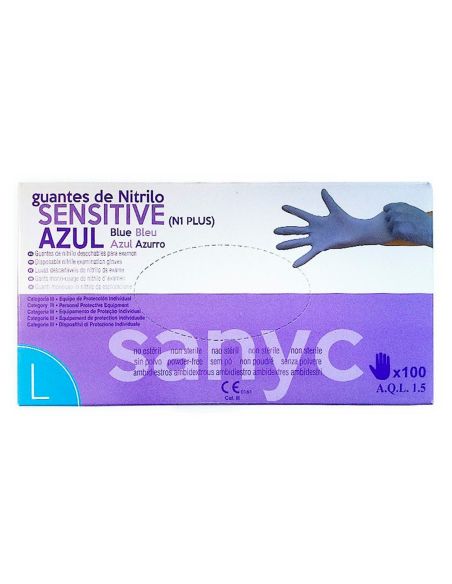 Guantes De Nitrilo Desechable Sensitive Sin Polvo Talla L Grande Color Azul Caja De 100 Unidades