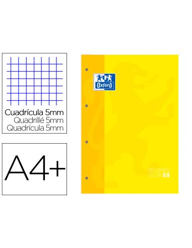 Recambio Color 1 Oxford Din A4+ 80 Hojas 90 Gr Cuadro 5 Mm 4 Taladros Color Amarillo
