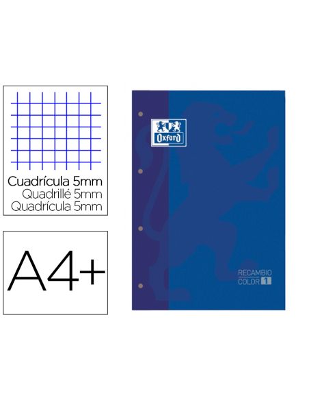 Recambio Color 1 Oxford Din A4+ 80 Hojas 90 Gr Cuadro 5 Mm 4 Taladros Color Azul Oscuro