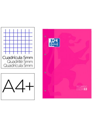 Recambio Color 1 Oxford Din A4+ 80 Hojas 90 Gr Cuadro 5 Mm 4 Taladros Color Fucsia