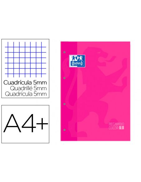 Recambio Color 1 Oxford Din A4+ 80 Hojas 90 Gr Cuadro 5 Mm 4 Taladros Color Fucsia