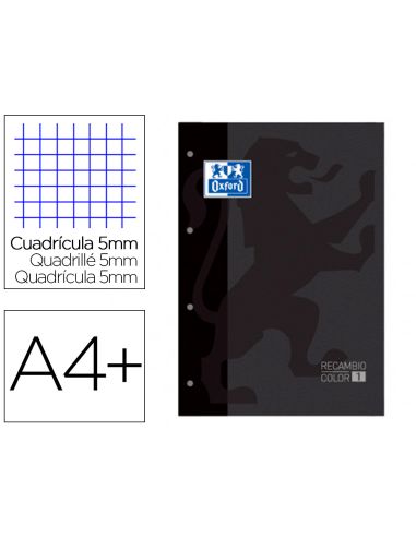 Recambio Color 1 Oxford Din A4+ 80 Hojas 90 Gr Cuadro 5 Mm 4 Taladros Color Negro