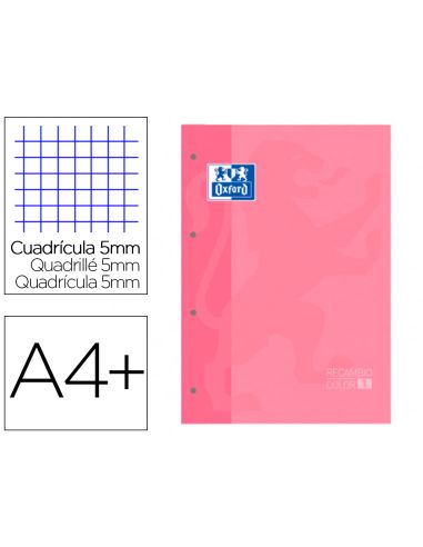 Recambio Color 1 Oxford Din A4+ 80 Hojas 90 Gr Cuadro 5 Mm 4 Taladros Color Rosa Chicle