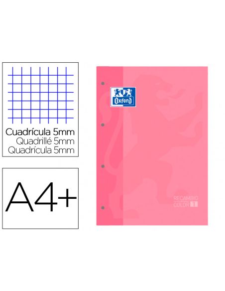 Recambio Color 1 Oxford Din A4+ 80 Hojas 90 Gr Cuadro 5 Mm 4 Taladros Color Rosa Chicle